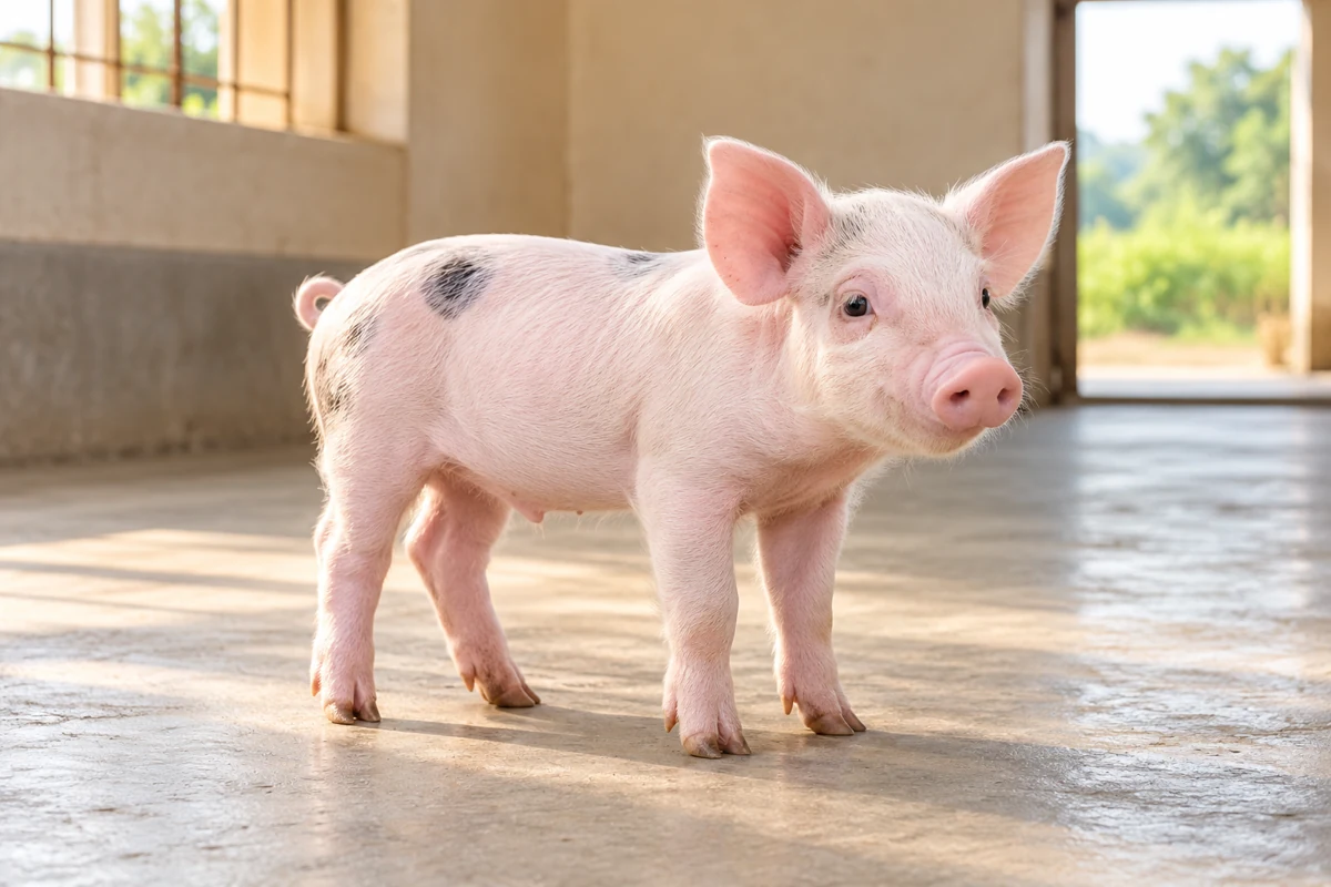 Illustrative AI photo of a small clean piglet in an Indian farm shed